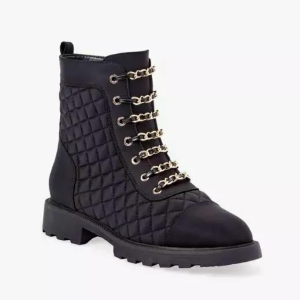 JustFab Aurele Chain Detail Combat Boot, Black and Gold, Women's 9.5